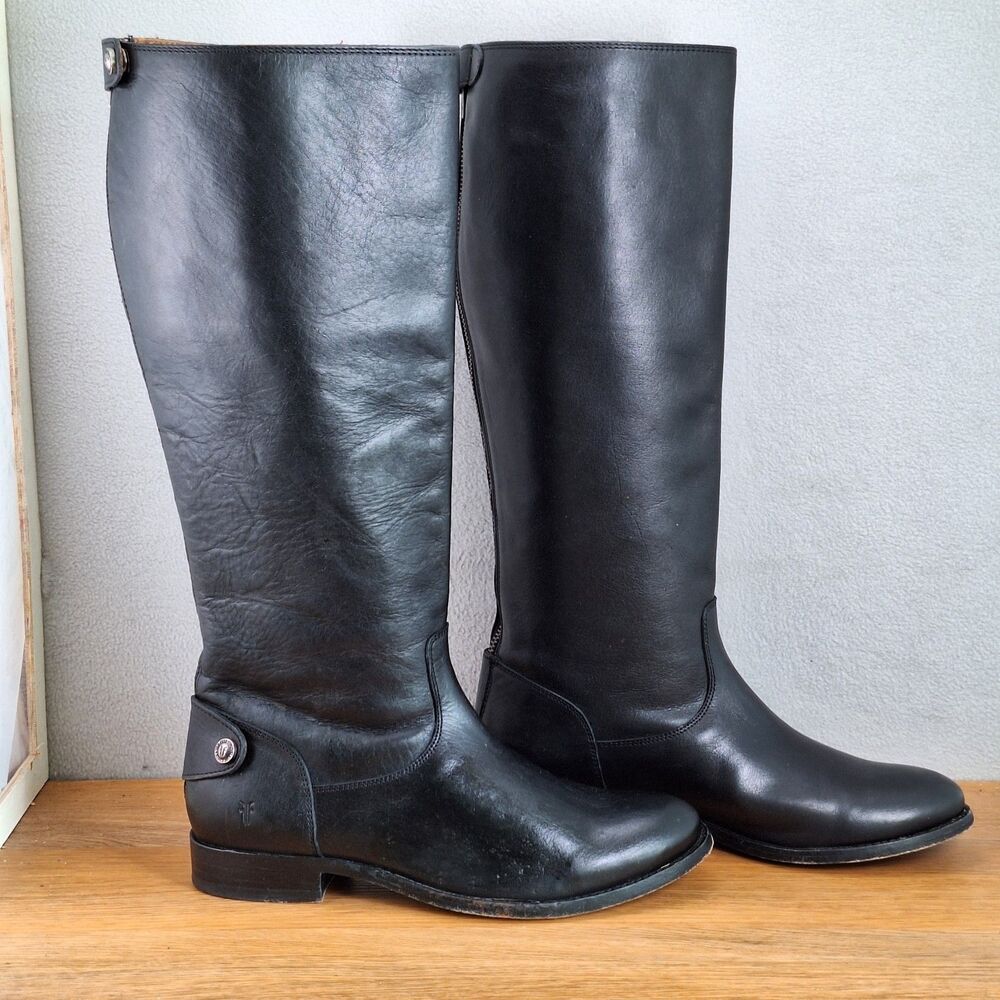 Frye Melissa Button Back Zip Tall Riding Boots Black Leather 8 Womens Snap